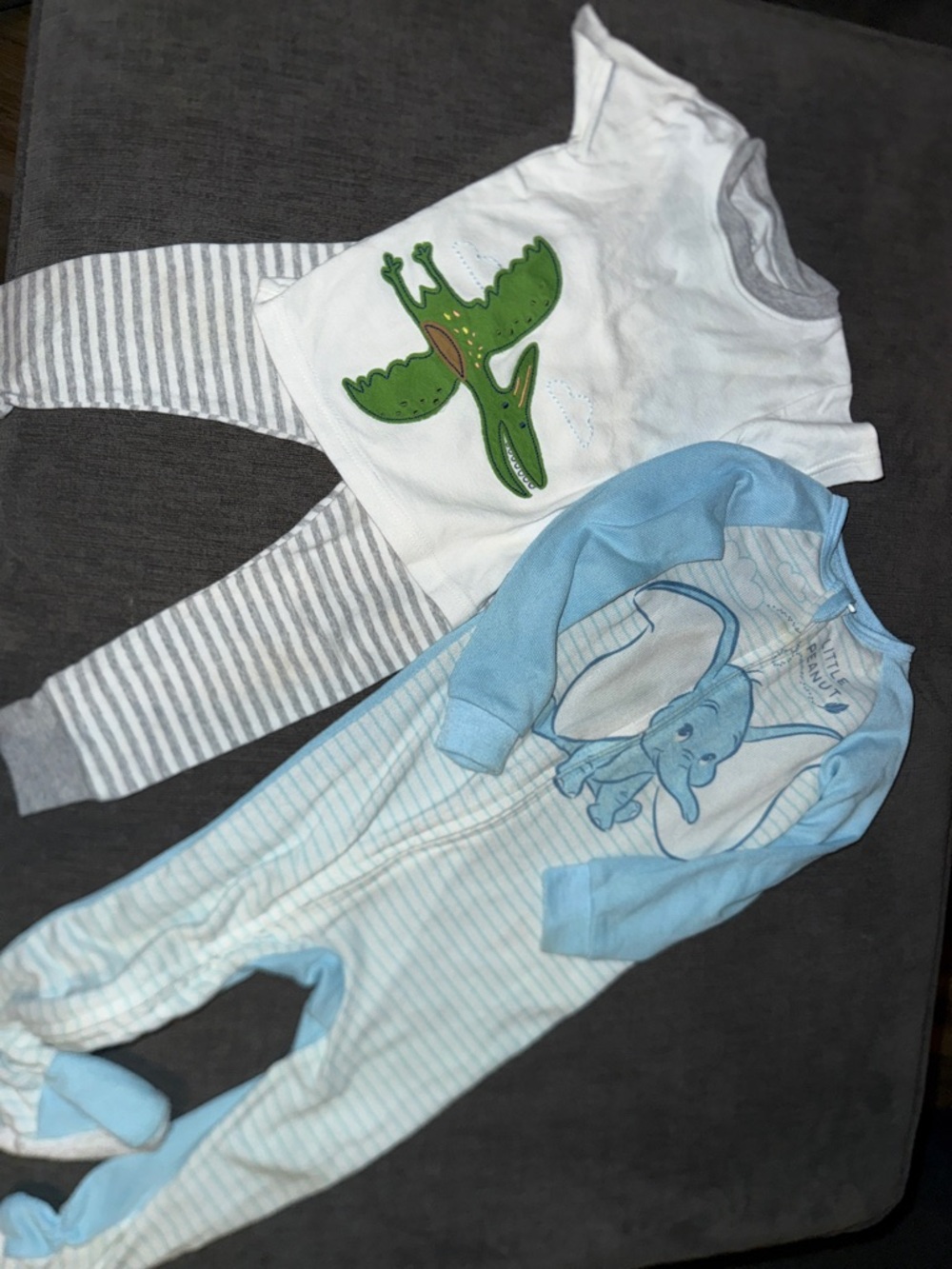 Disney Blue & White Footed Pajama Set with Carters Green Pterodactyl